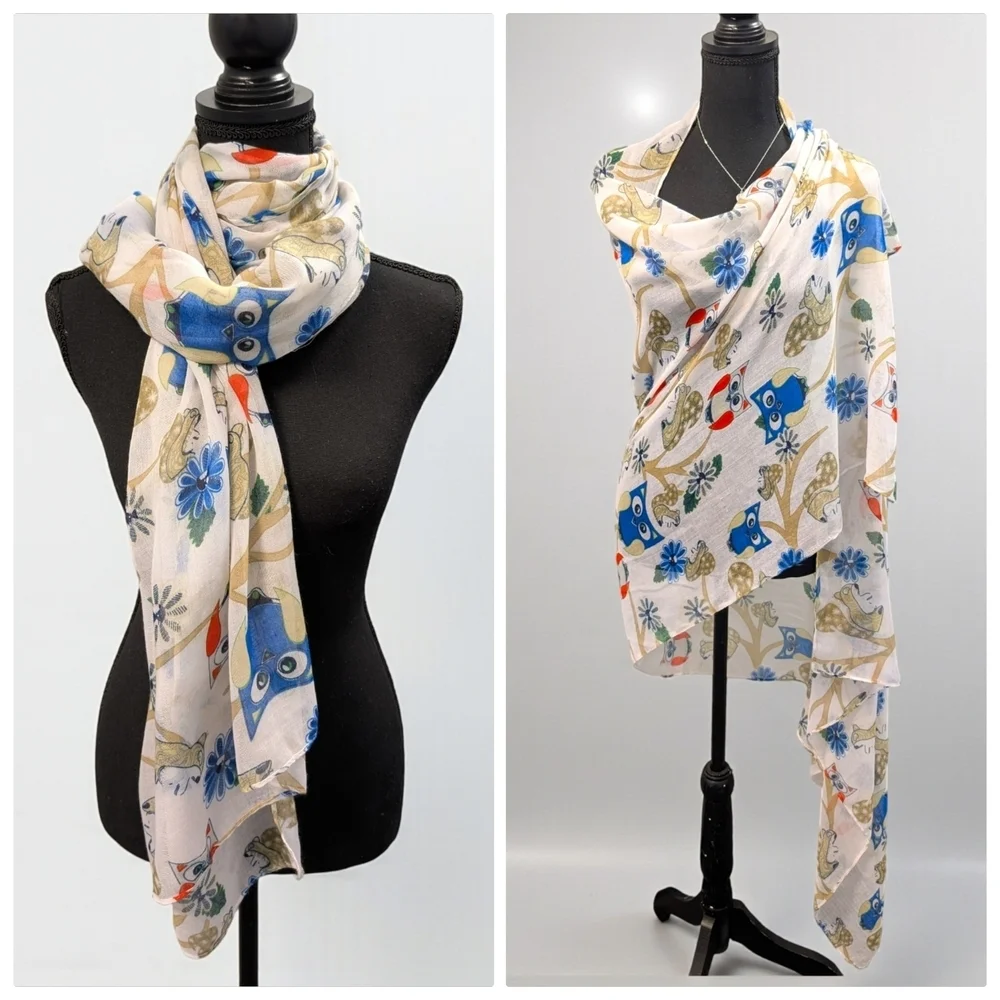 Floral Owl Print Scarf White Blue and Red 69